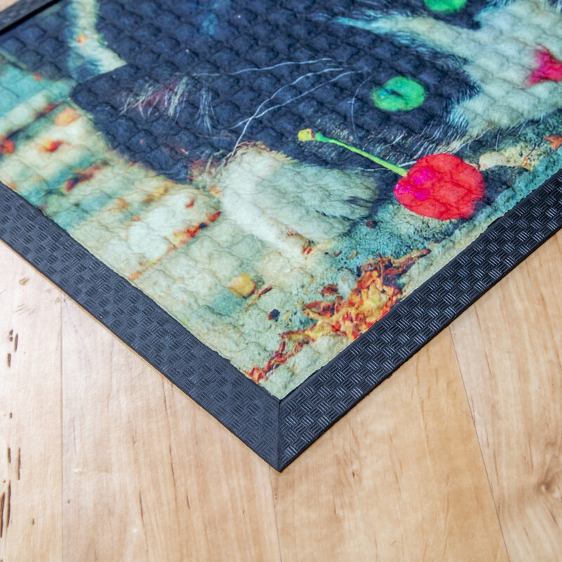 Festett gumis textil lábtörlő 40x60 cm - Macska mintával - sarok