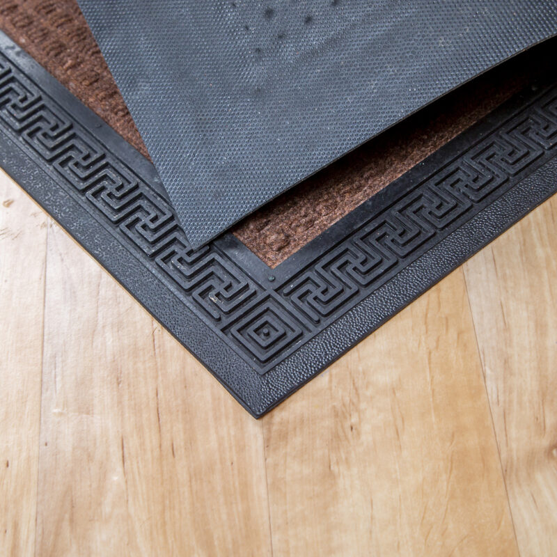 Gumis textil lábtörlő 40x60 cm - Barna színben, négyzet mintával - hátoldal