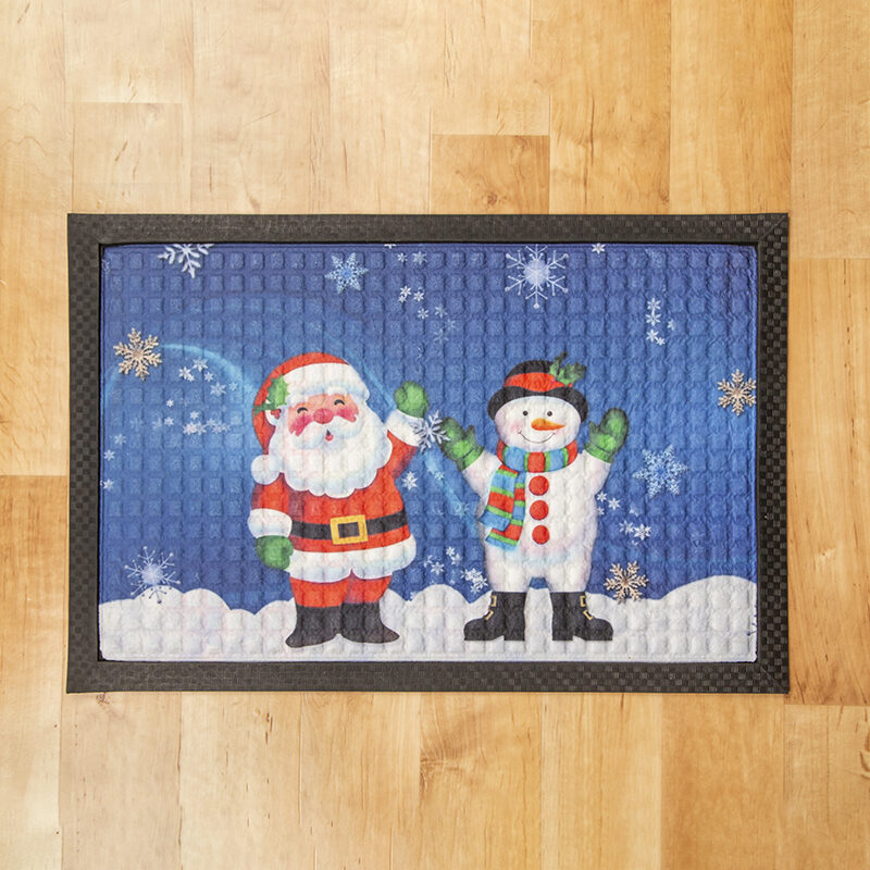 Festett gumis textil lábtörlő 40x60 cm - Karácsonyi mintával, kék háttérrel